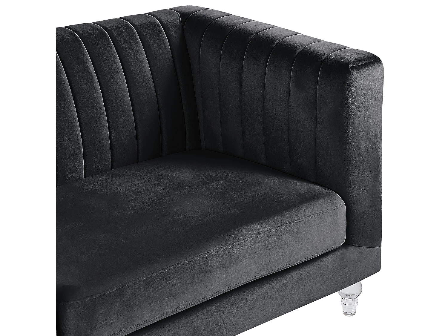 3-Sitzer Sofa Samtstoff schwarz gesteppt mit Acryl-Füßen dicke Sitzkissen Arvika