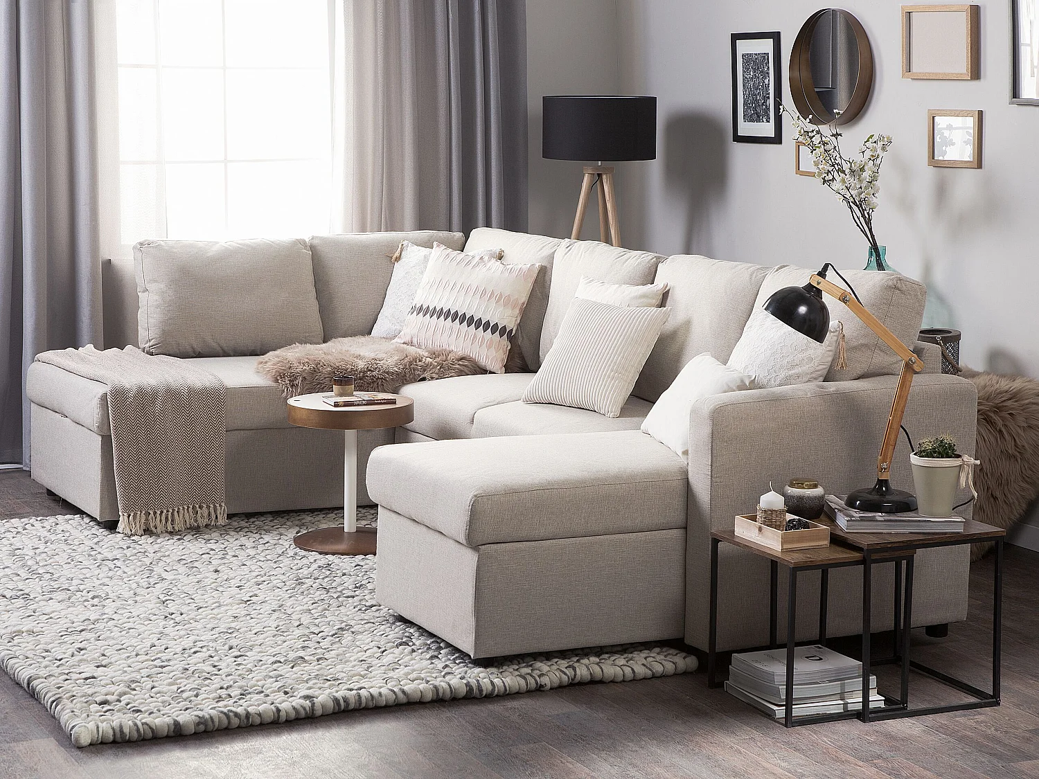 Canapé panoramique convertible 5 places en tissu beige KARRABO