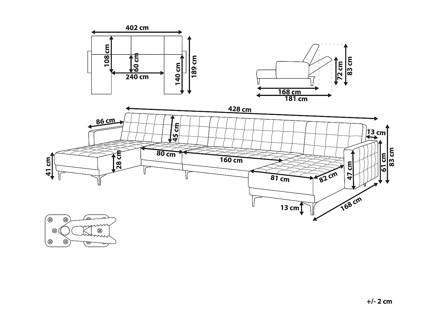 Canapé-lit modulable en forme de U 6 places ABERDEEN Tissu Gris graphite