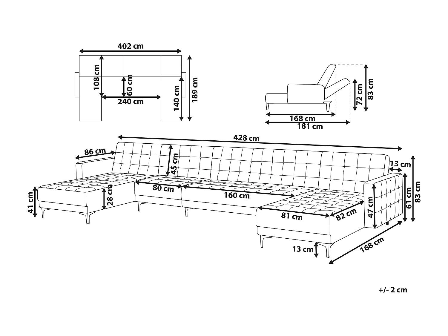 Canapé-lit modulable en forme de U 6 places ABERDEEN Tissu Gris graphite