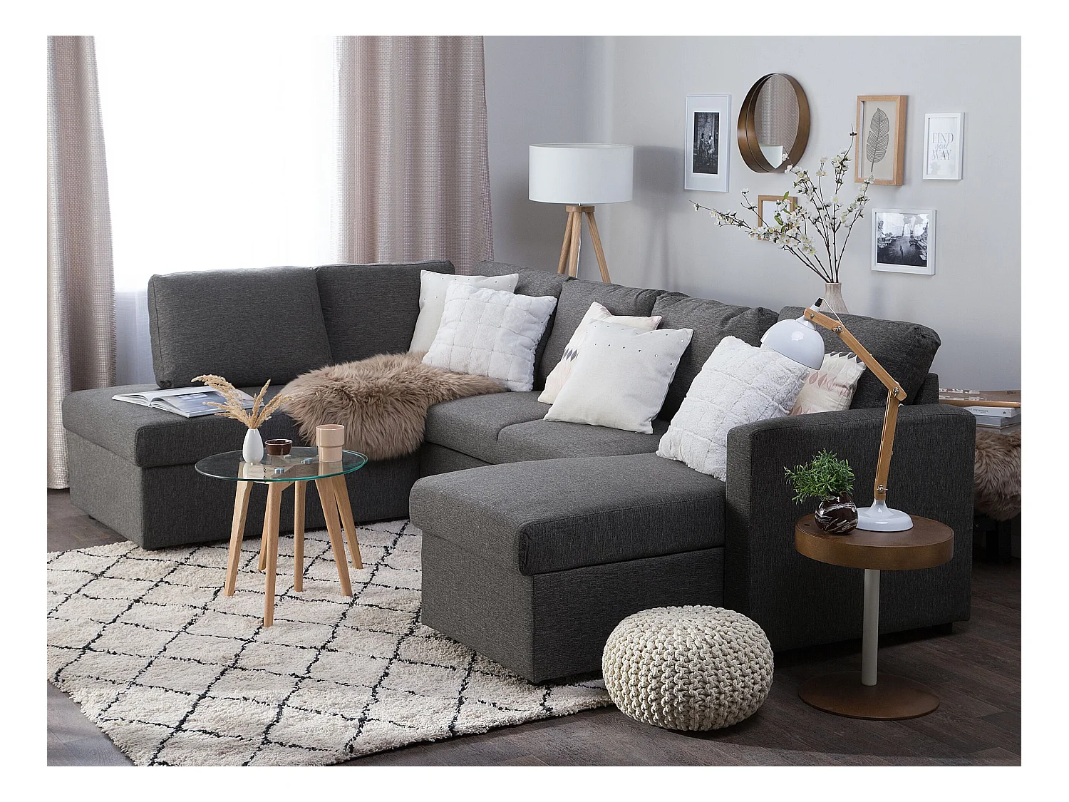 Canapé-lit en forme de U 5 places KARRABO Tissu Gris foncé avec rangement