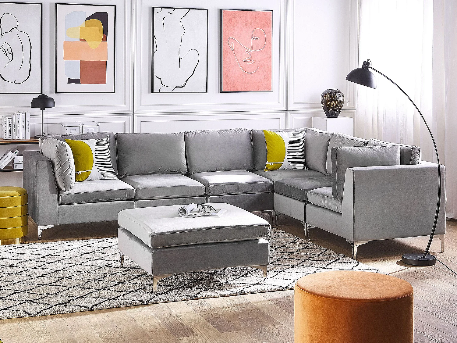 Canapé d'Angle Modulable - Evja - Côté Gauche, 6 Modules et Pouf, en Velours, Gris