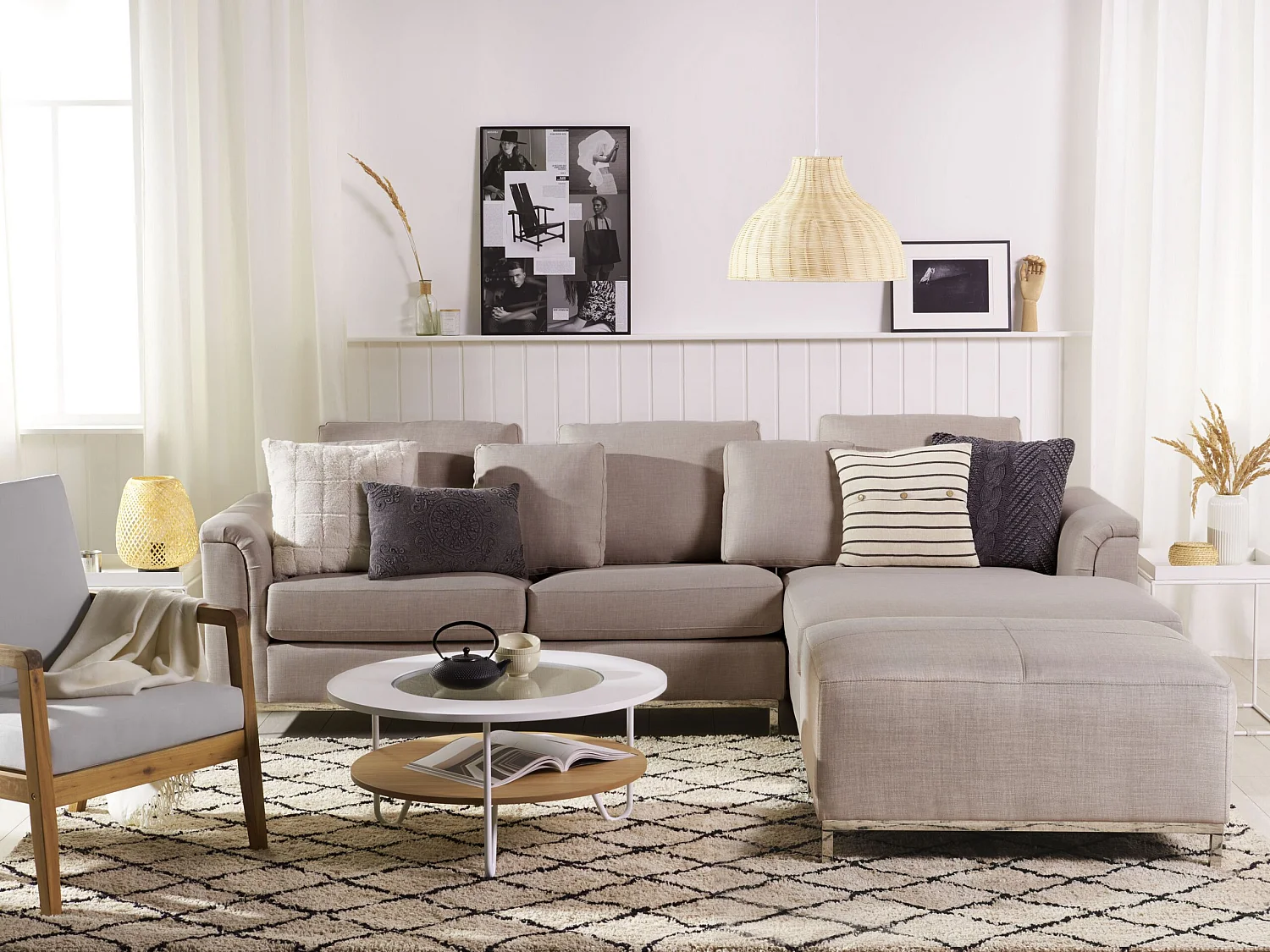 Canapé Angle à droite en Tissu Beige et Pouf Ottoman Housses Amovibles Oslo