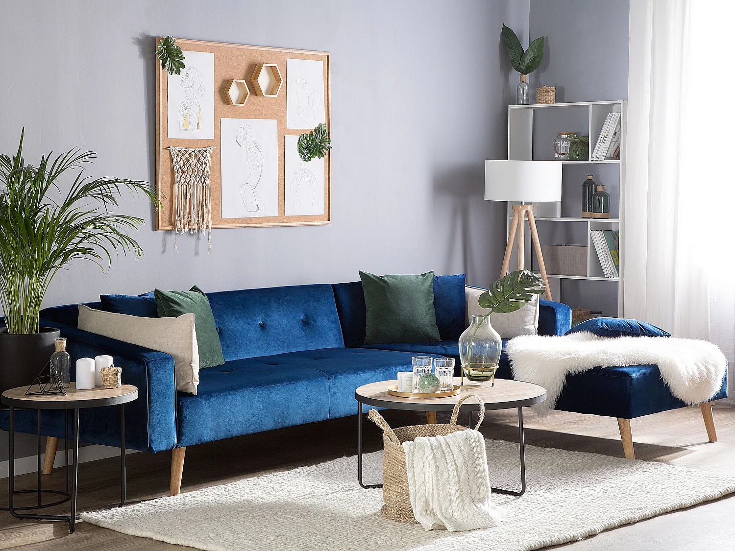Ecksofa linksseitig Retro Stil Samtstoff blau mit Zierkissen Vadso