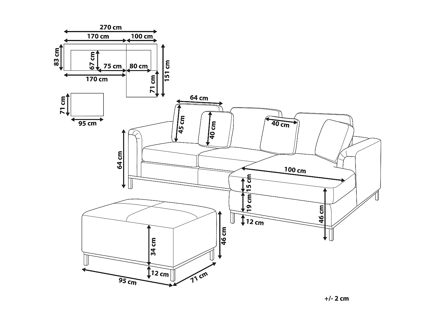 Hoekbank OSLO Stof Donkergrijs Met ottomaan 5-zitter Linkerzijde