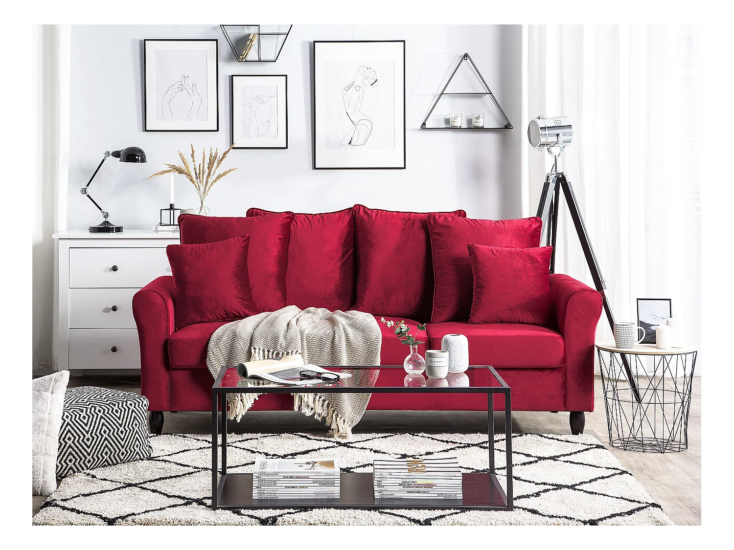 Sofa BORNHOLM Samtstoff Dunkelrot 3-Sitzer