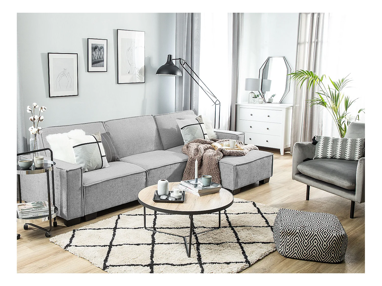 - Canapé Angle à droite - Romedal - Tissu, Gris Clair