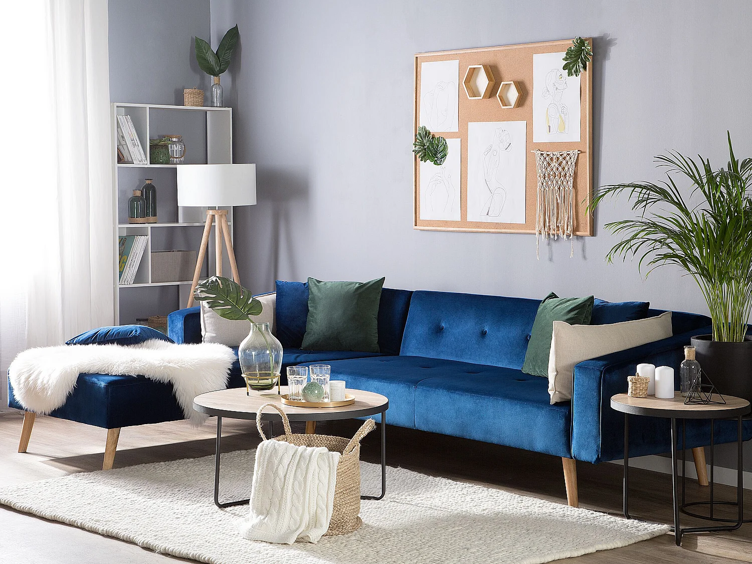 Ecksofa rechtsseitig Retro Stil Samtstoff blau mit Zierkissen Vadso