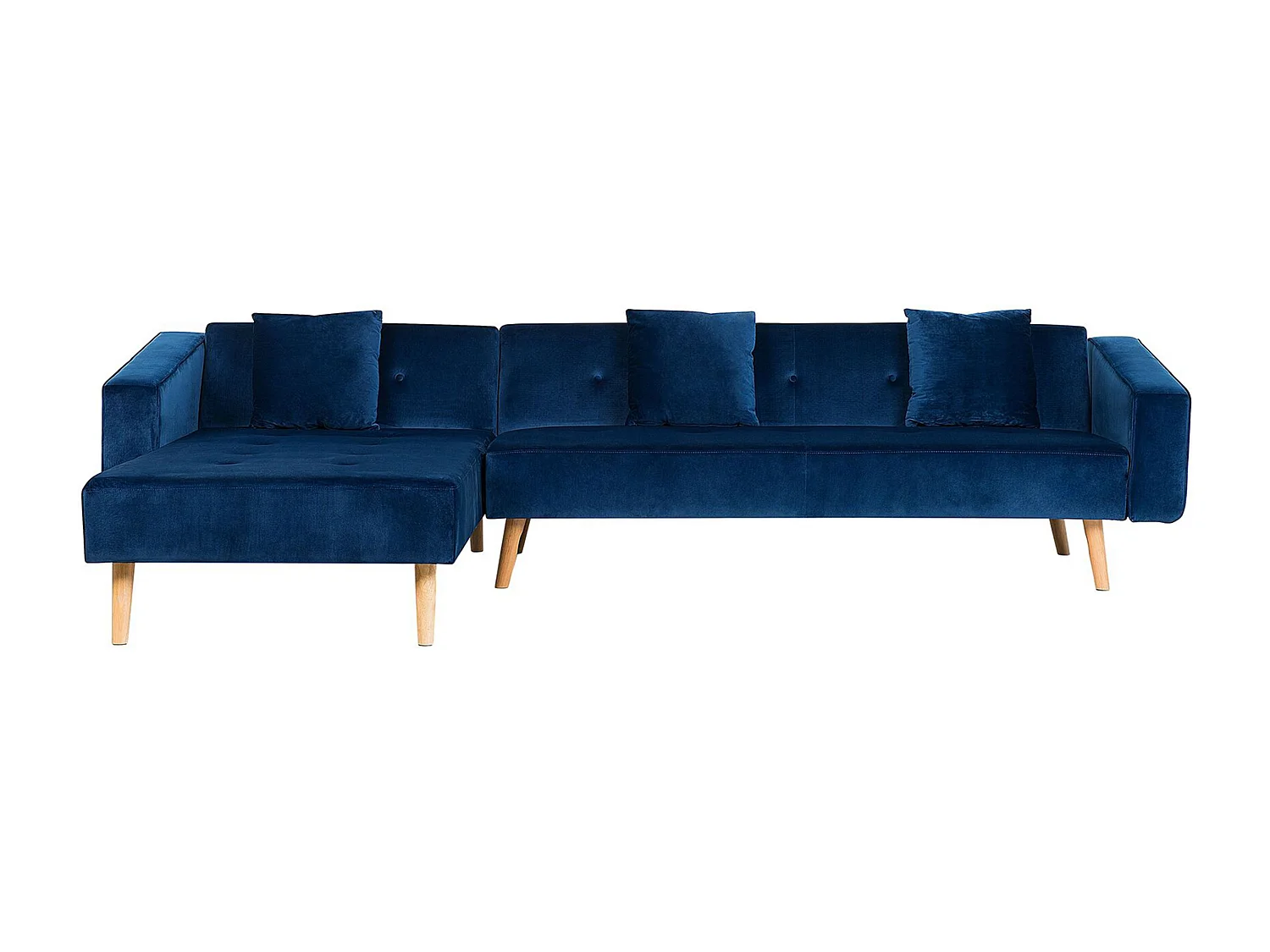 Ecksofa rechtsseitig Retro Stil Samtstoff blau mit Zierkissen Vadso