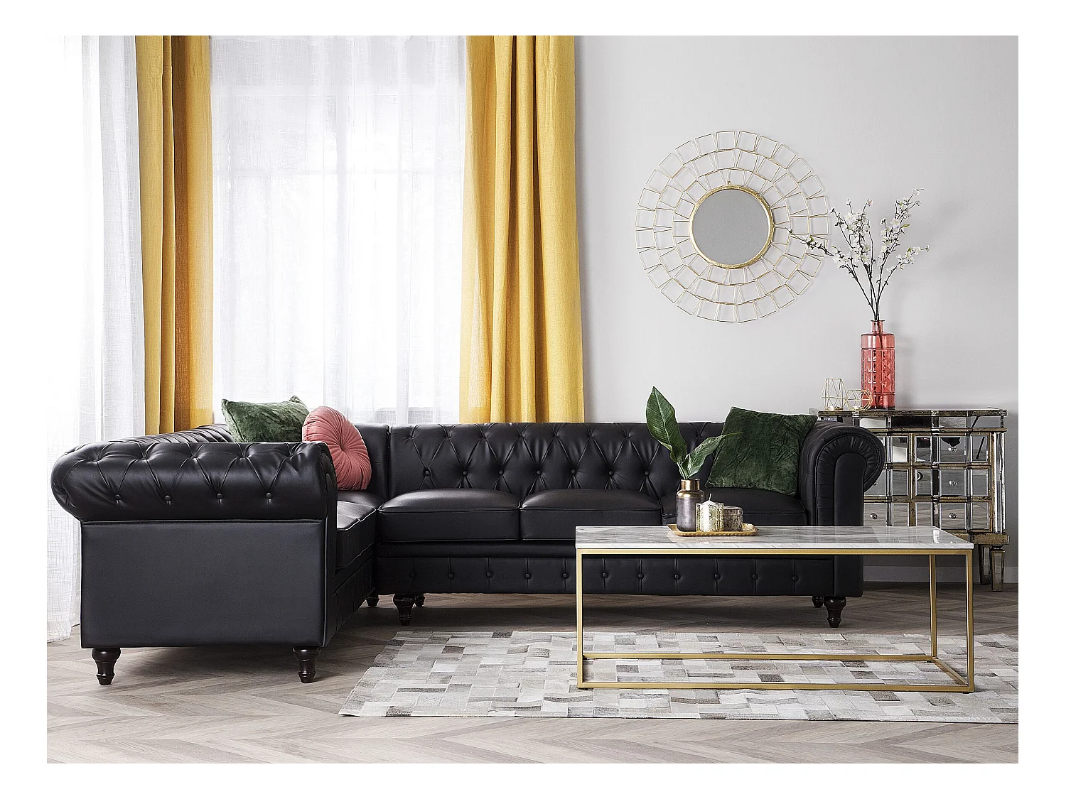 Hoekbank CHESTERFIELD Kunstleer Zwart 6-zitter Rechterzijde
