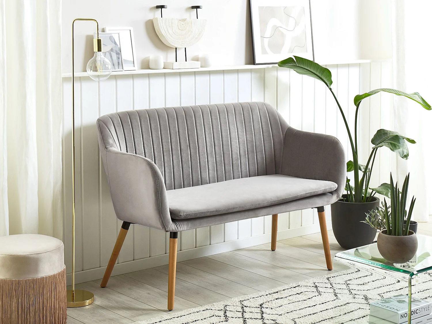 Banc rembourré 2 places TABY Velours Gris clair