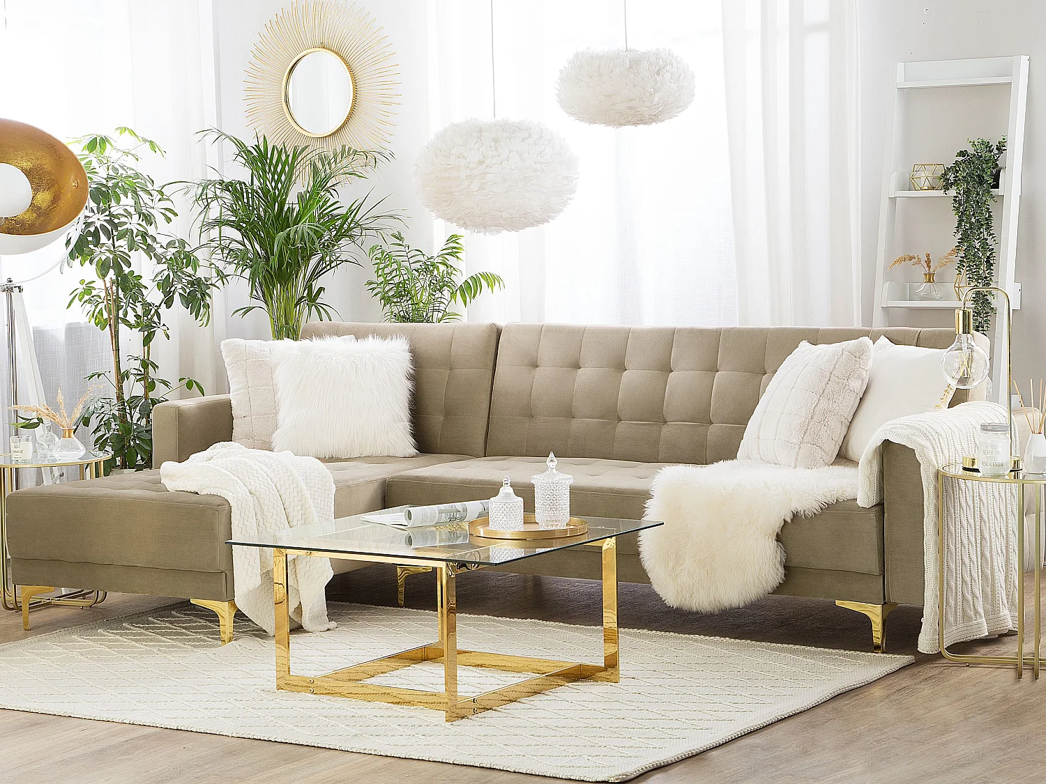 Modulaire hoekslaapbank ABERDEEN Fluweel Zandbeige 4-zitter Rechterzijde