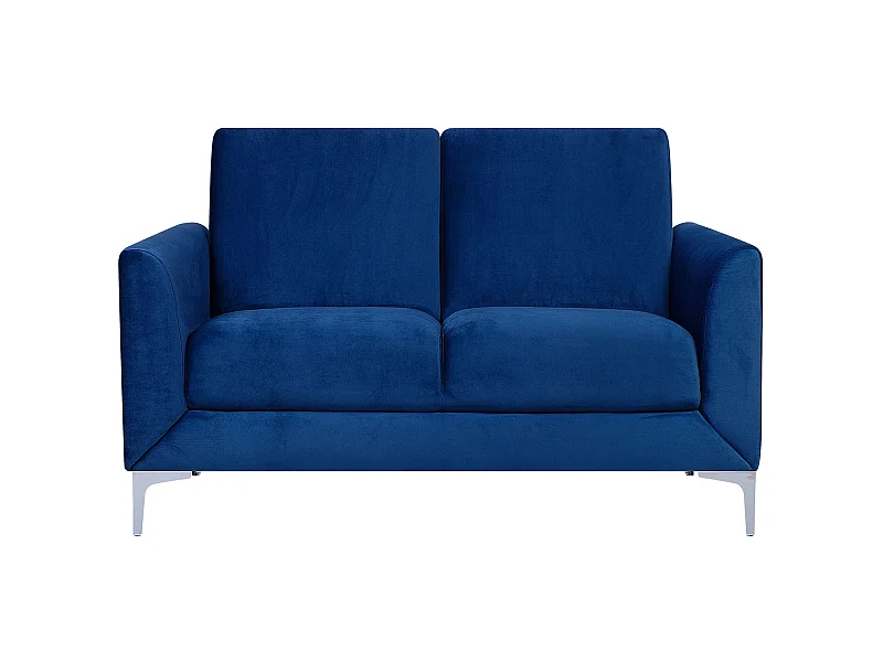 2-Sitzer Sofa Samt blau mit silbernen Metallfüßen dicke Sitzkissen Fenes