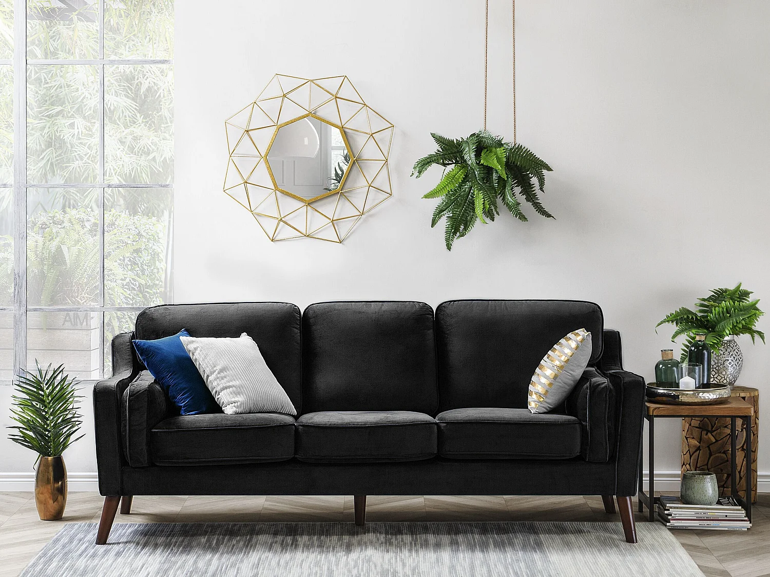 Sofa LOKKA Samtstoff Schwarz 3-Sitzer