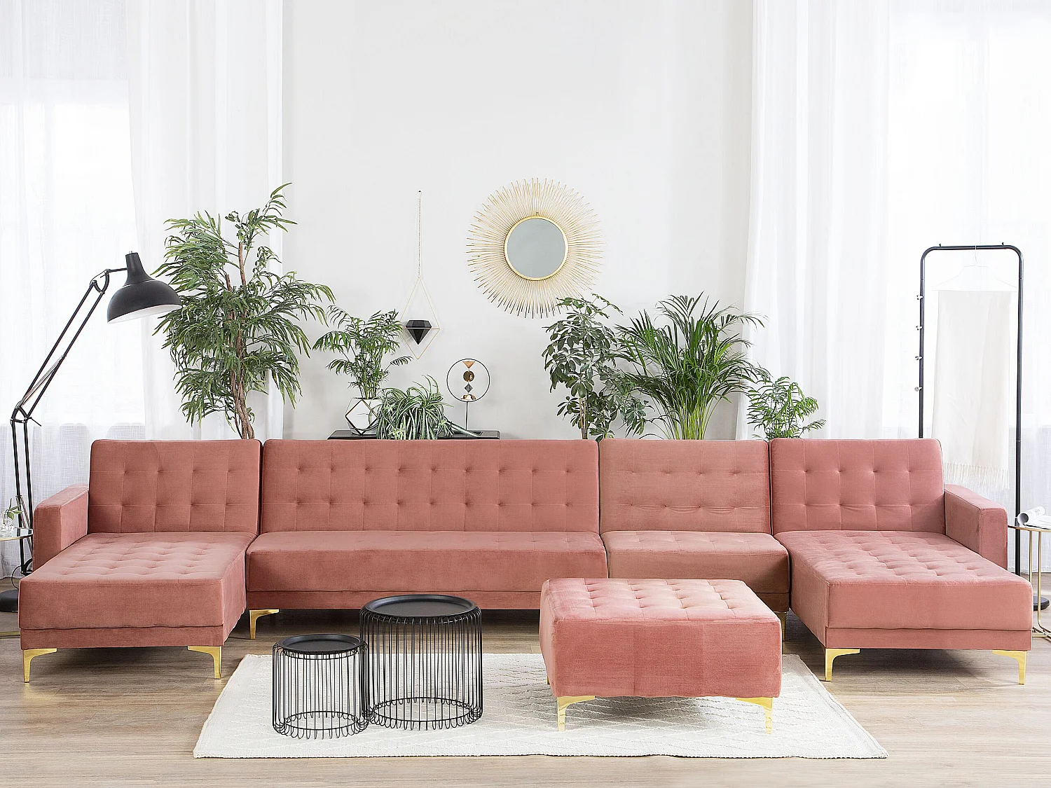 Canapé-lit modulable en forme de U ABERDEEN Velours Rose avec ottoman 6 places Symétrique