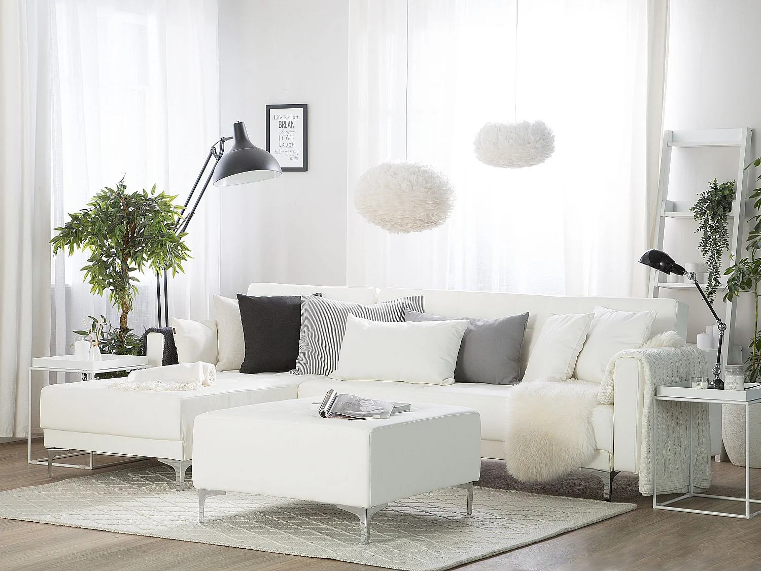 Canapé-lit d'angle modulable 4 places ABERDEEN Cuir PU Blanc avec ottoman Côté droit