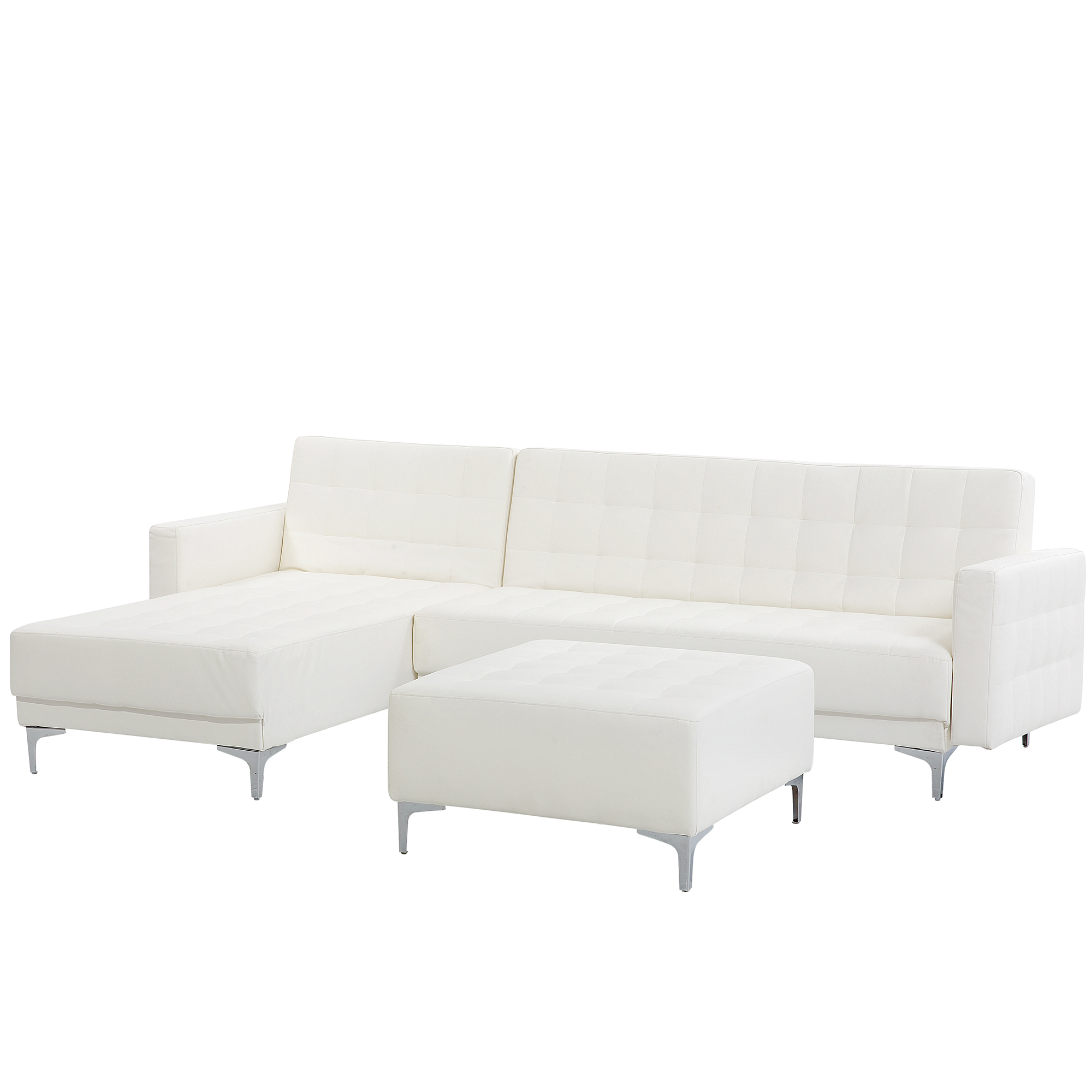 Canap Angle Droite Convertible Simili Cuir Blanc Avec Pouf Places