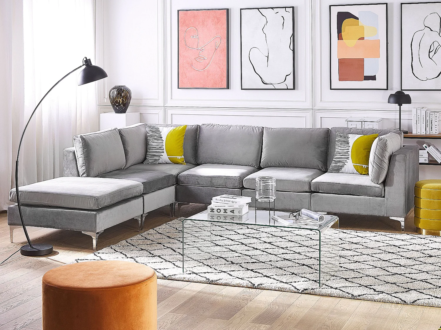 Canapé d'Angle Modulable - Evja - Côté Droit, 5 Modules et Pouf, en Velours, Gris