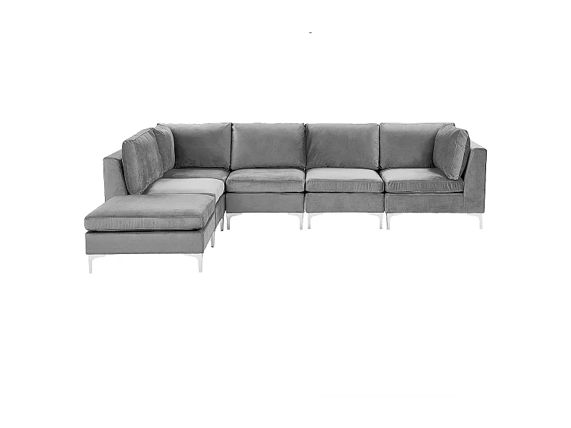 Canapé d'Angle Modulable - Evja - Côté Droit, 5 Modules et Pouf, en Velours, Gris