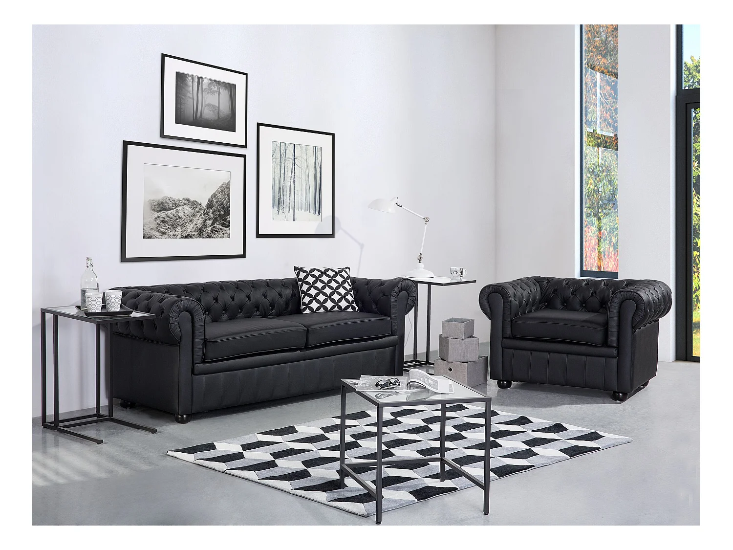 Klassisches Sofa im englischen Stil Schwarz 3-Sitzer Echtleder Chesterfield