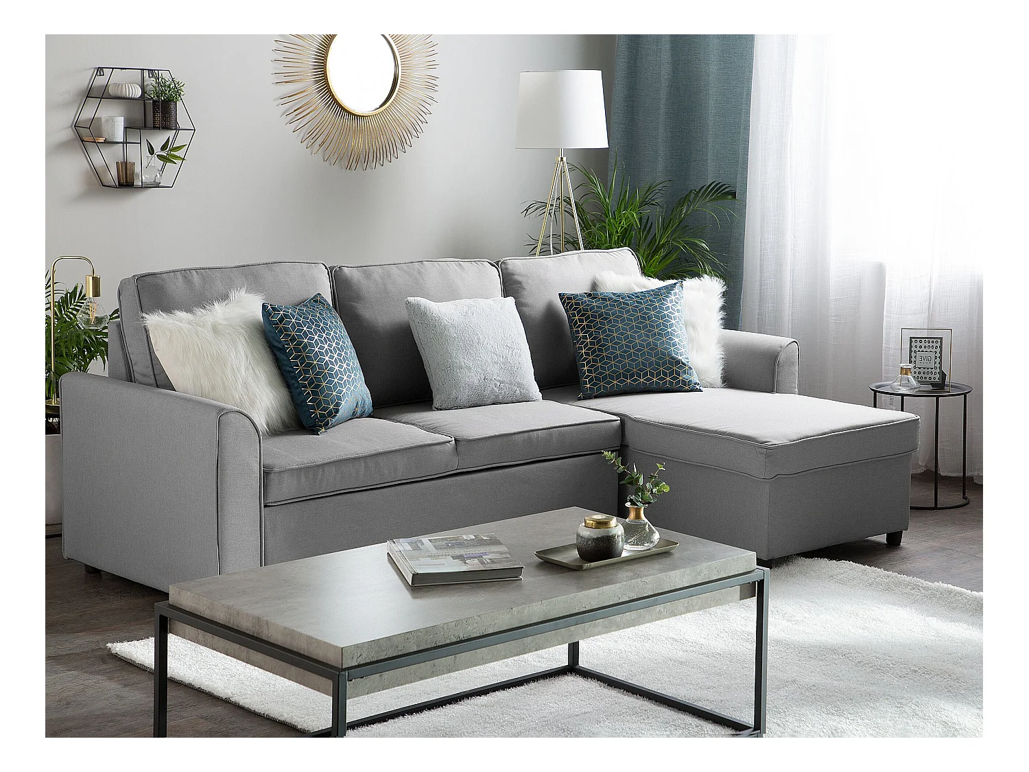 Eckschlafsofa NESNA Stoff Hellgrau mit Stauraum 3-Sitzer linksseitig