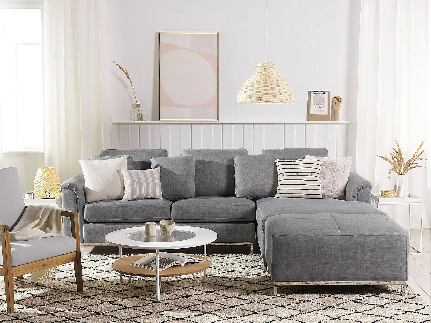 Hoekbank OSLO Stof Lichtgrijs Met ottomaan 5-zitter Linkerzijde