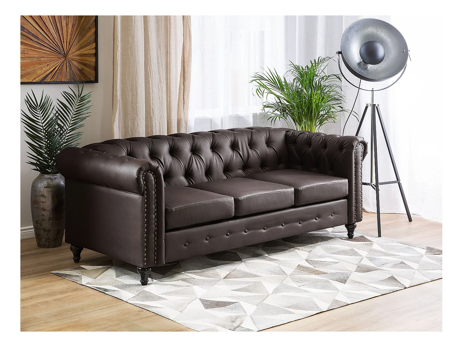 Edles, modernes 3-Sitzer-Sofa aus Kunstleder in Dunkelbraun Chesterfield