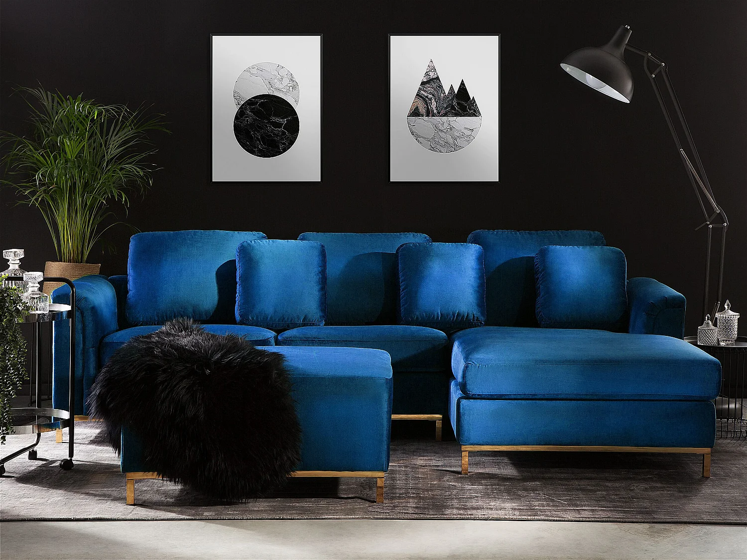 Hoekbank met ottomaan fluweel marineblauw linkszijdig OSLO