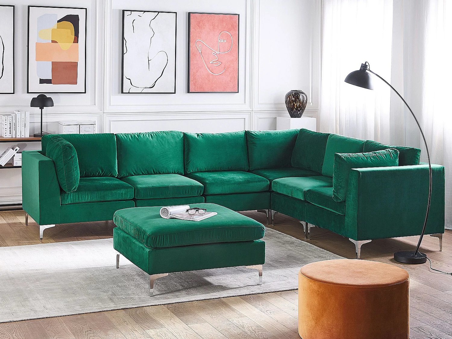 Modulaire hoekbank EVJA Fluweel Groen Met ottomaan 6-zitter Linkerzijde