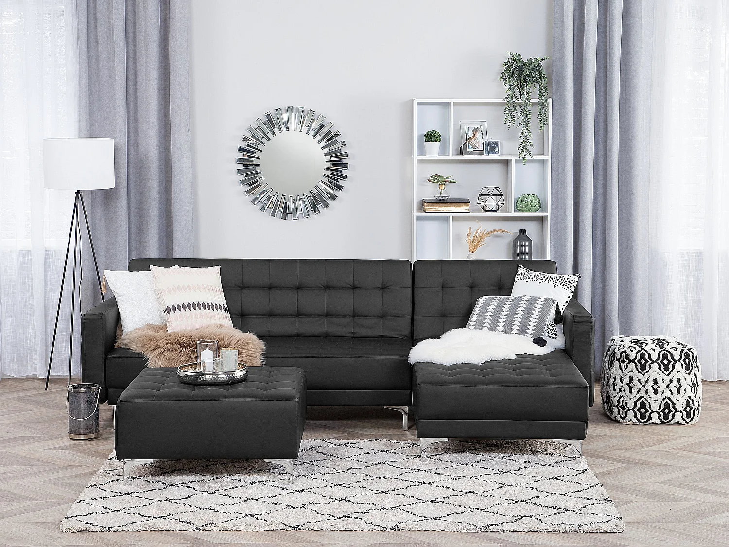 Canapé-lit d'angle modulable 4 places ABERDEEN Cuir PU Noir avec ottoman Côté droite