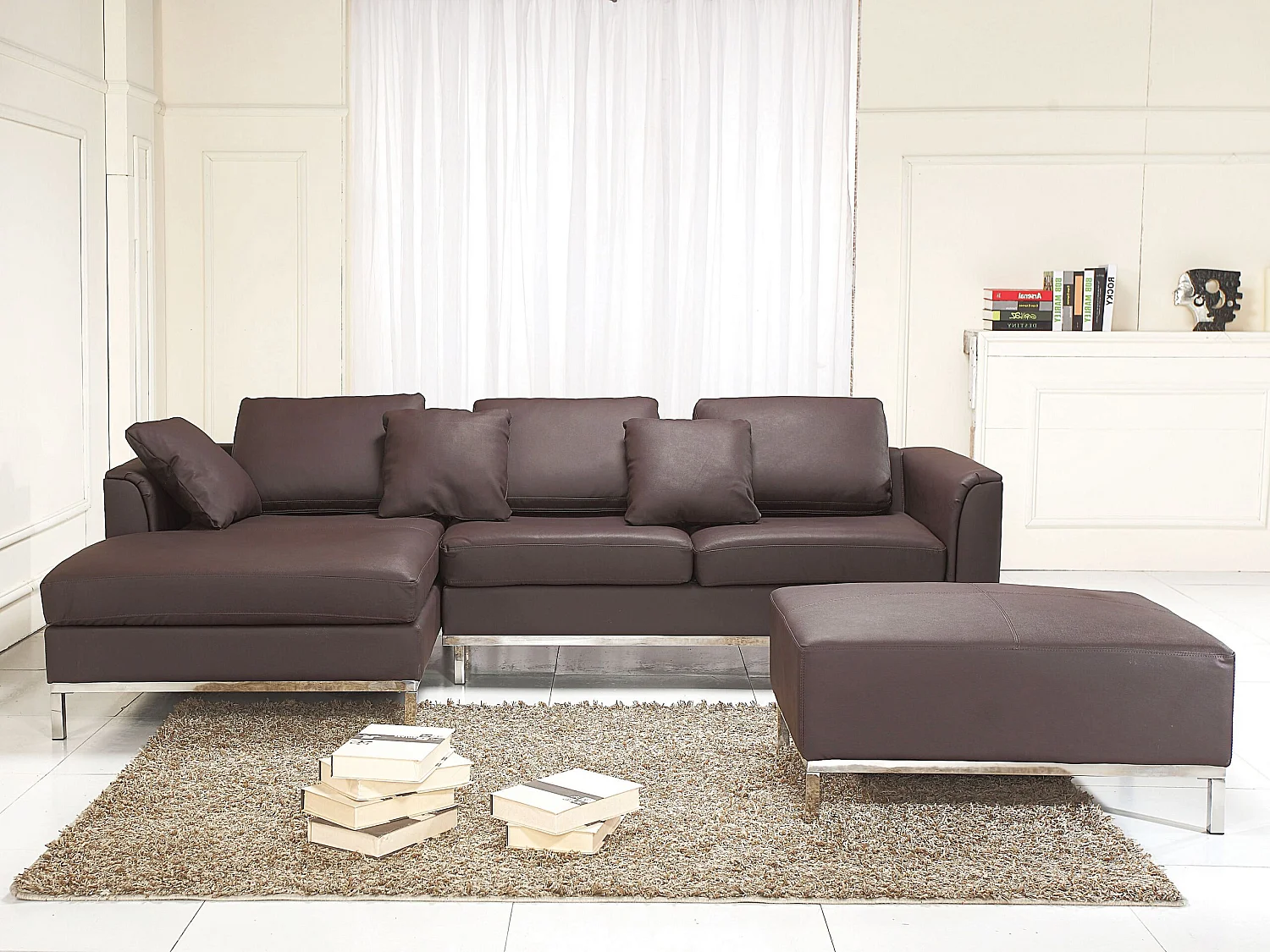 Canapé Angle à gauche en Cuir Véritable Marron et Pouf Ottoman Housses Amovibles Oslo