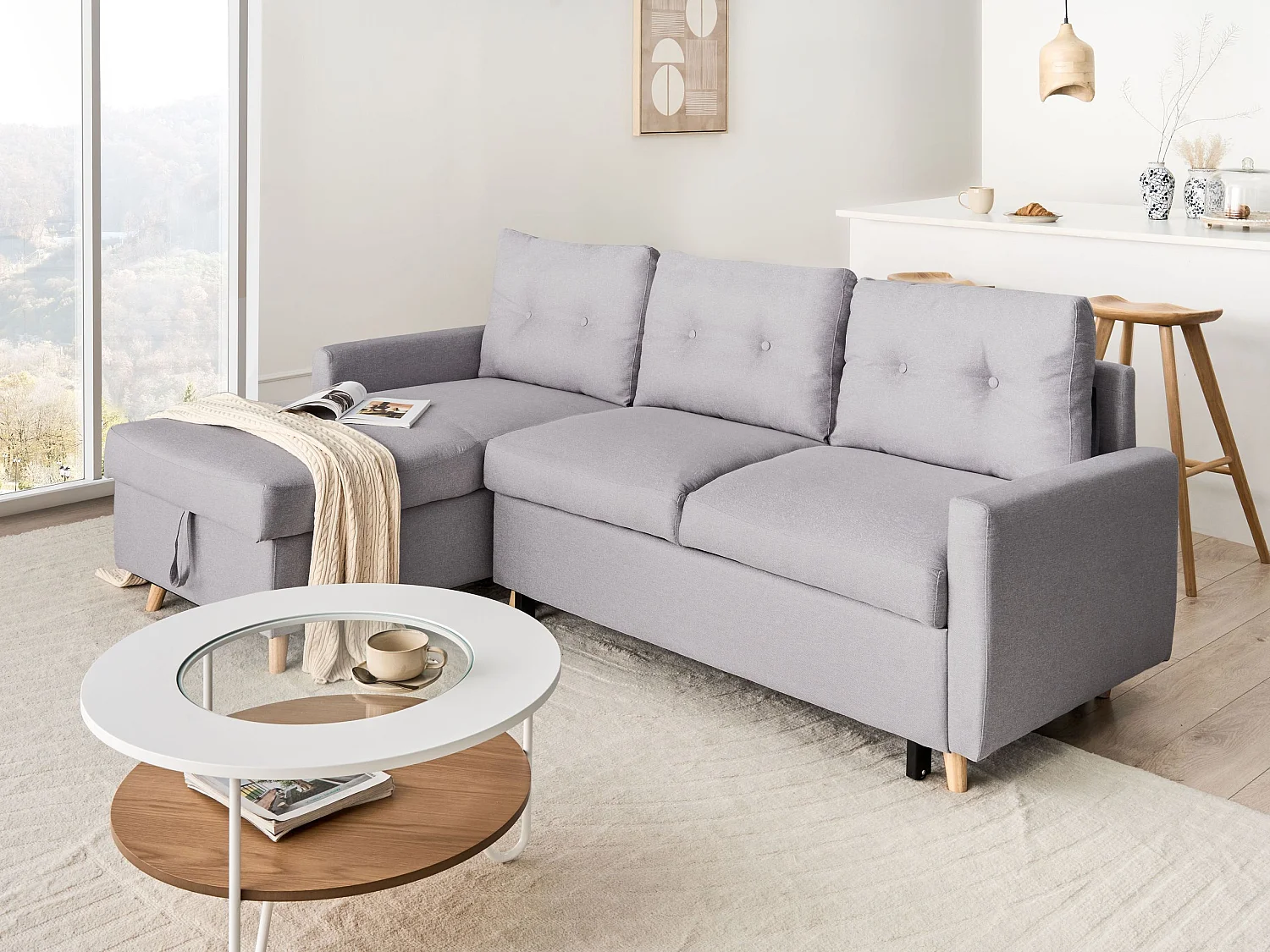 - Canapé Angle à gauche - Flakk - Tissu, Gris Clair