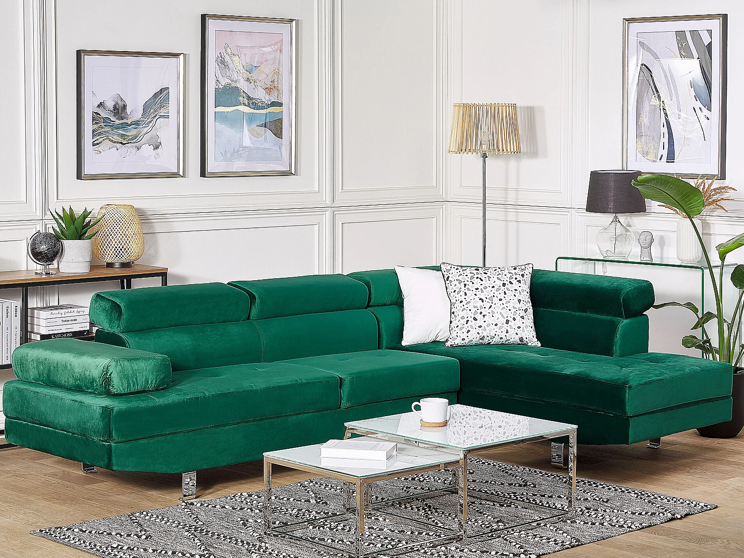 5-Sitzer Ecksofa Samt Smaragd Grün mit Chaiselongue links modern Norrea