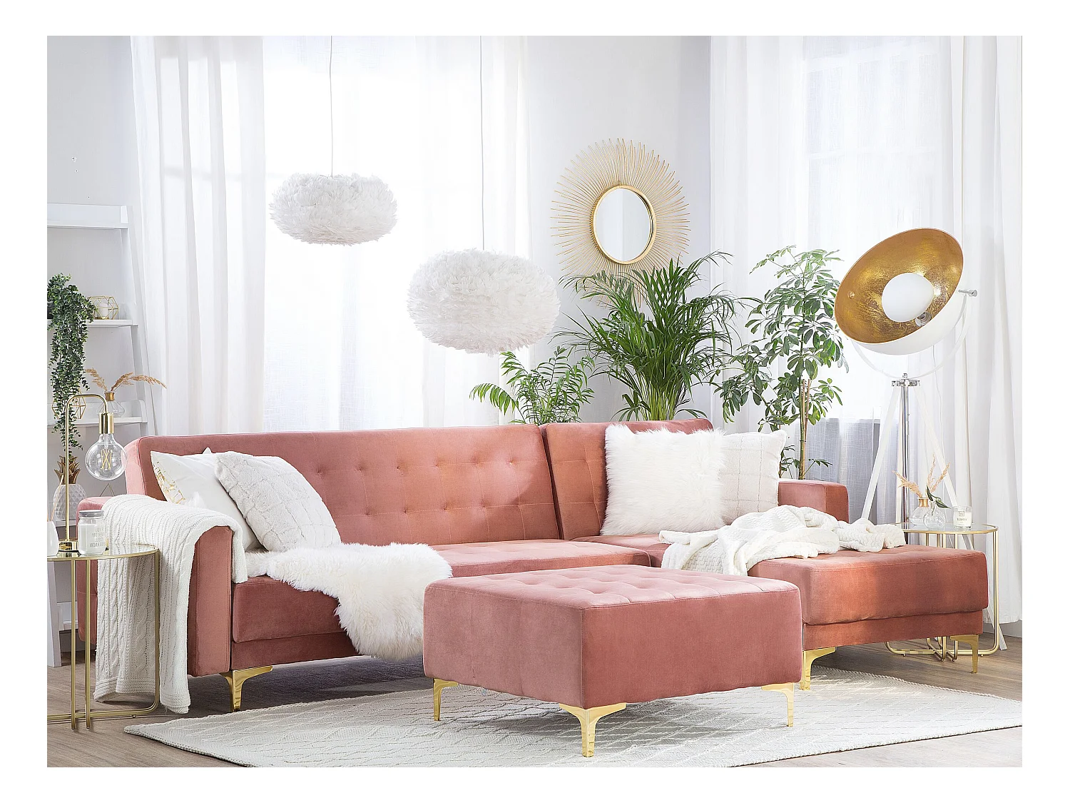Canapé-lit d'angle modulable 4 places ABERDEEN Velours Rose avec ottoman Côté droite