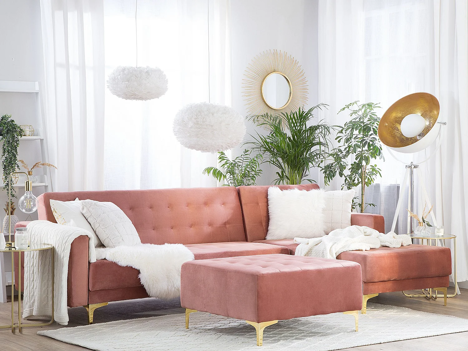 Canapé-lit d'angle modulable 4 places ABERDEEN Velours Rose avec ottoman Côté gauche