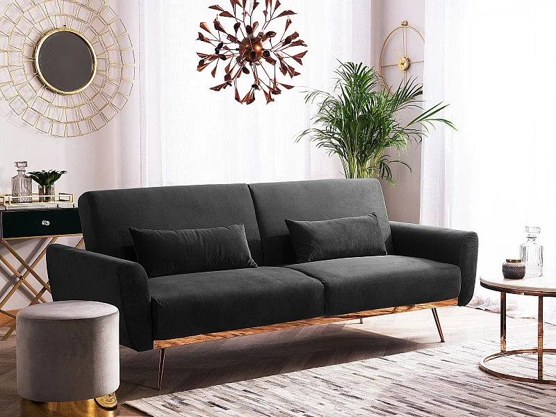 3-Sitzer Schlafsofa Samt schwarz mit Kissen hohe Metallbeine kupfer Retro Eina