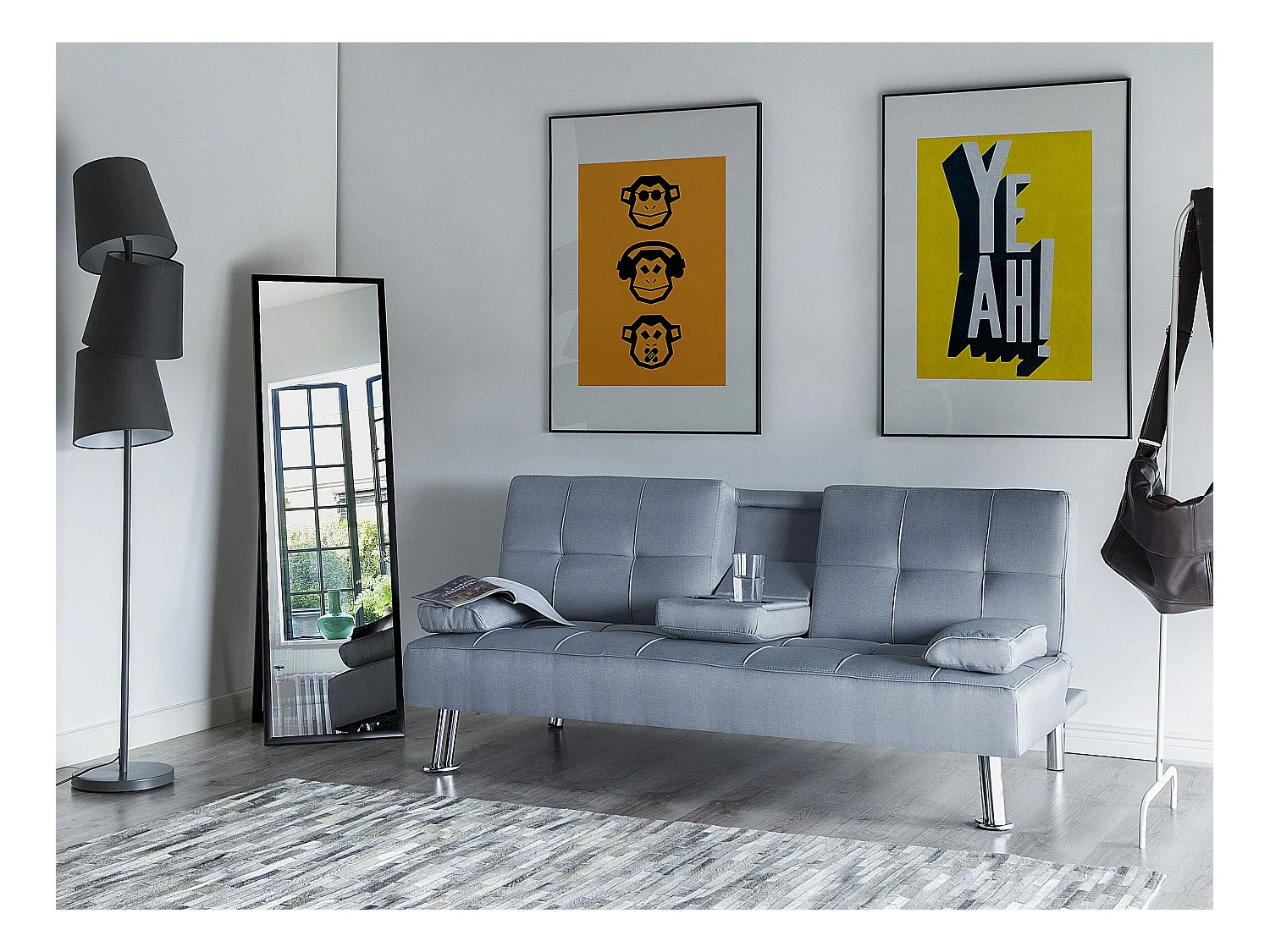 Canapé-lit 3 places ROXEN Tissu Gris clair