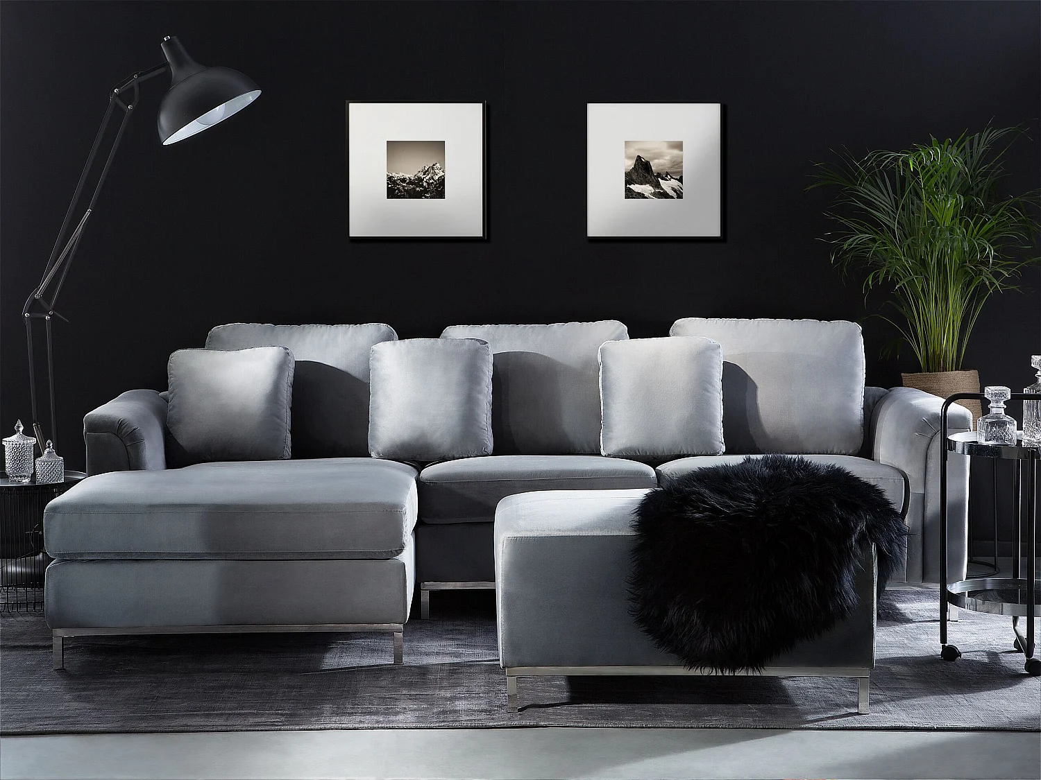 Canapé Angle à gauche en Velours Gris et Pouf Ottoman Housses Amovibles Oslo