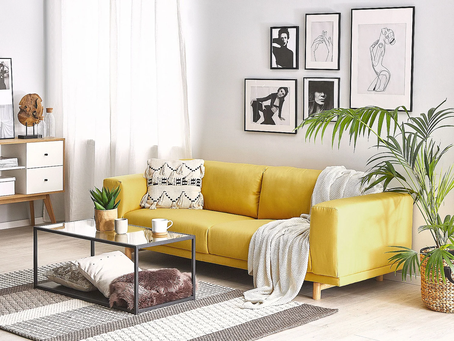 Sofá NIVALA Tecido Amarelo 3 lugares