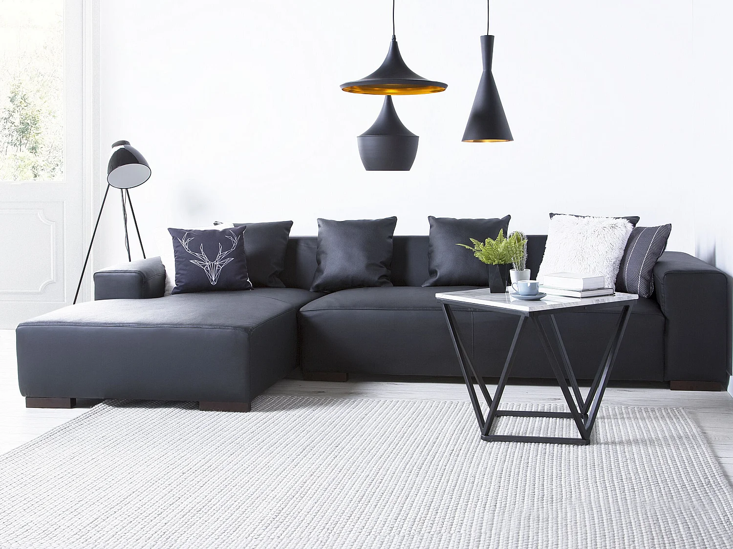 Canapé Angle à gauche en Cuir et Cuir PU Noir 4 Places Assise Rembourrée Lungo