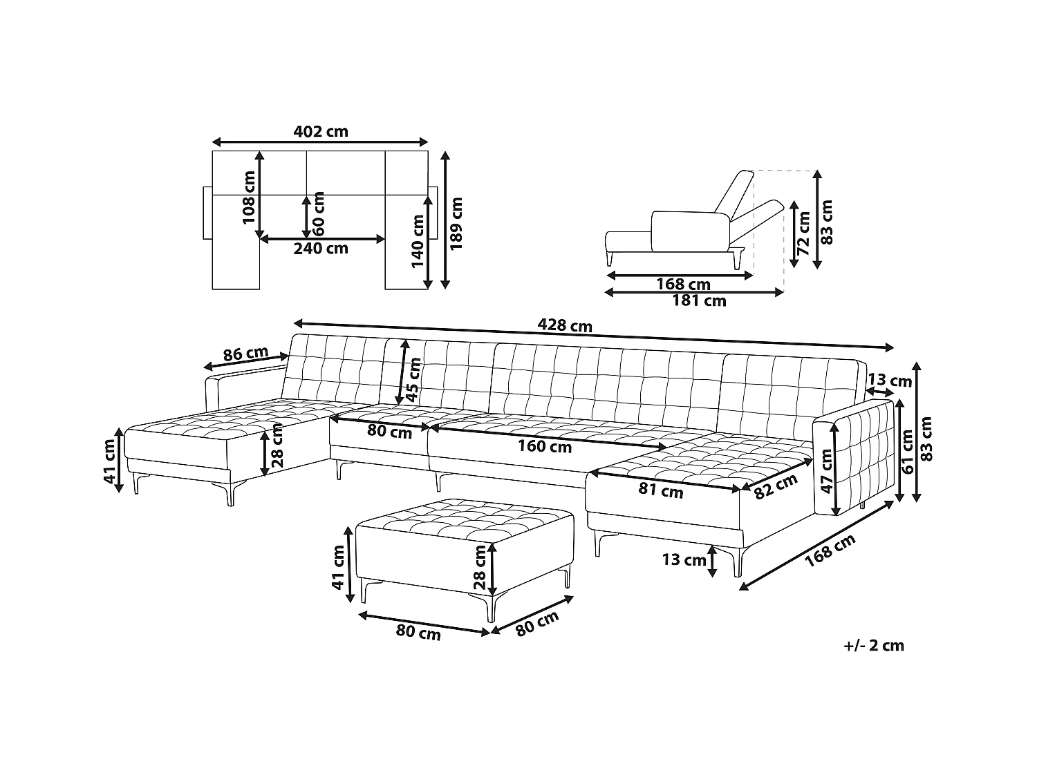 Modulaire U-vormige slaapbank ABERDEEN Fluweel Grijs Met ottomaan 6-zitter