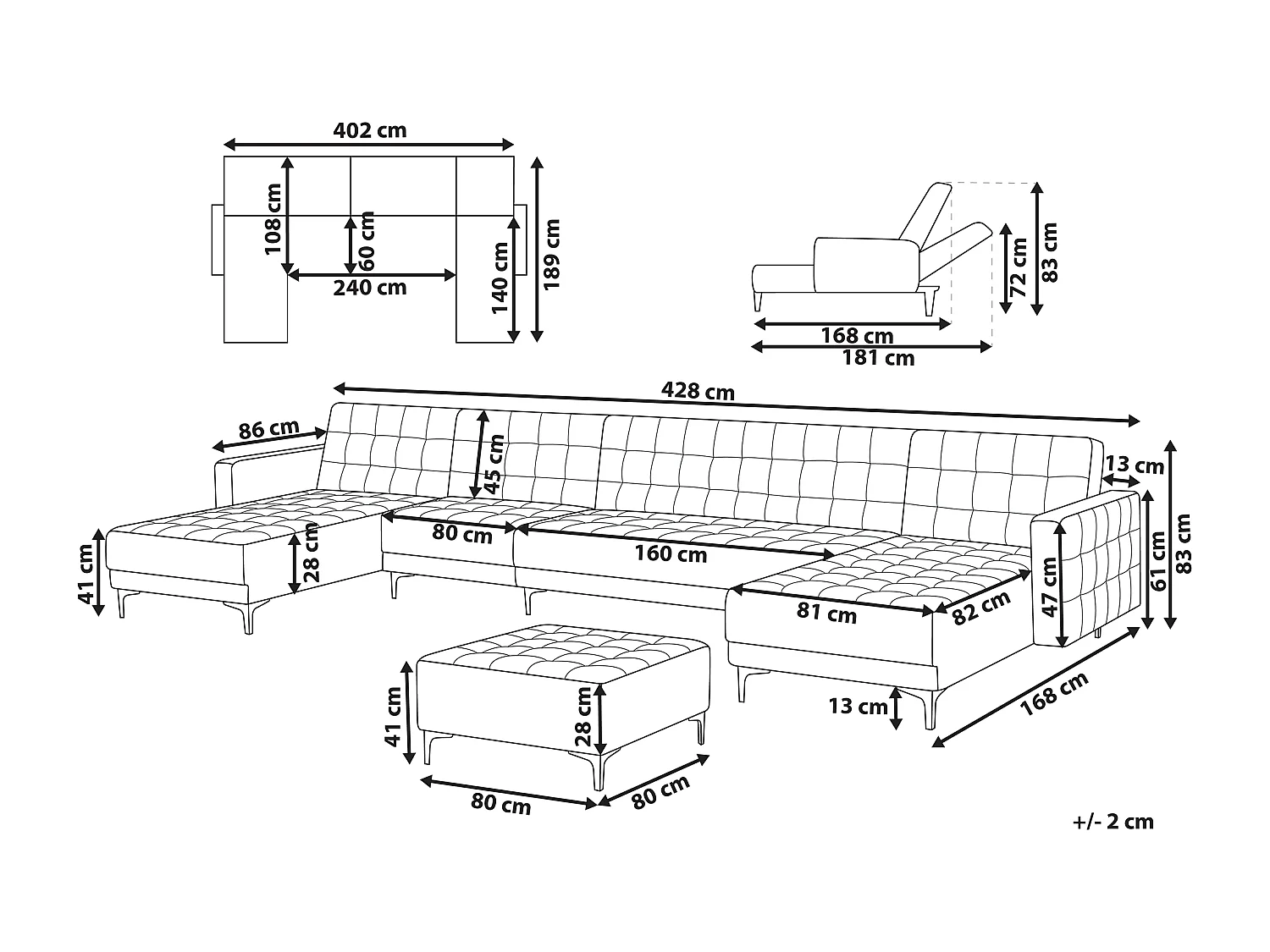 Modulaire U-vormige slaapbank ABERDEEN Fluweel Grijs Met ottomaan 6-zitter