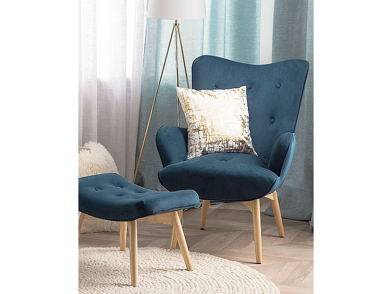 Oorfauteuil VEJLE met voetenbank Fluweel Donkerblauw