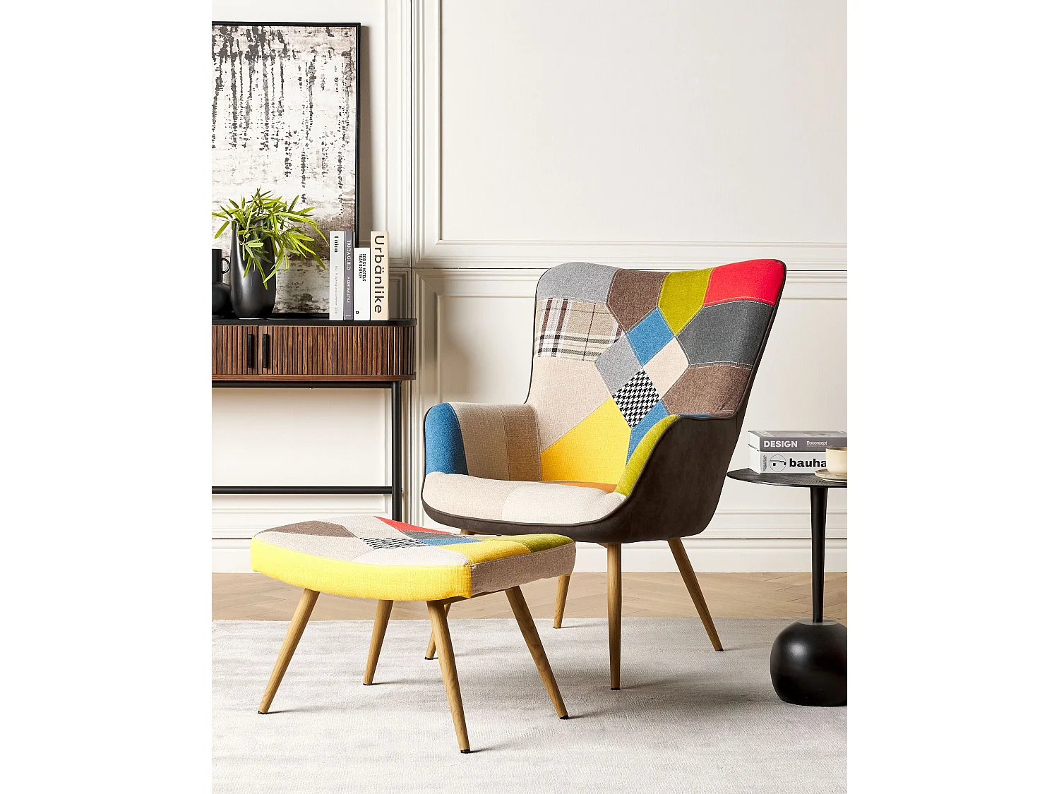 Sillón orejero VEJLE con reposapiés Tela Multicolor