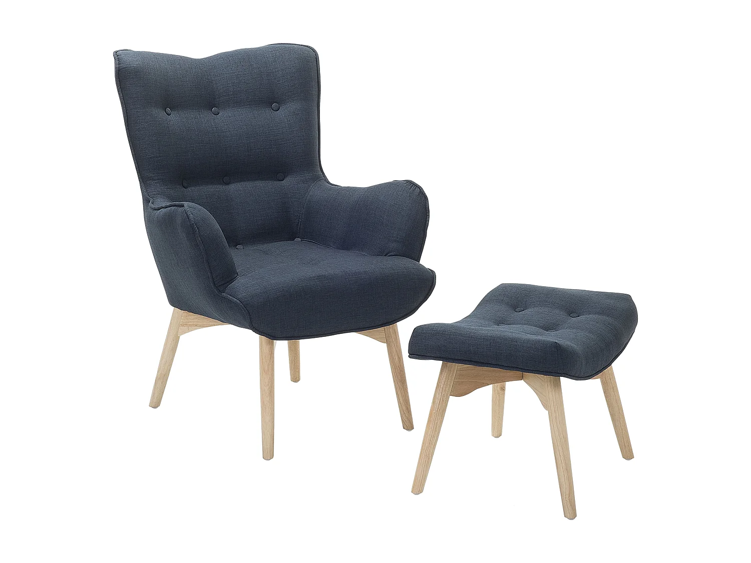 Ohrensessel mit Hocker Stoffbezug dunkles Blau Holzbeine Chesterfield Stil Vejle