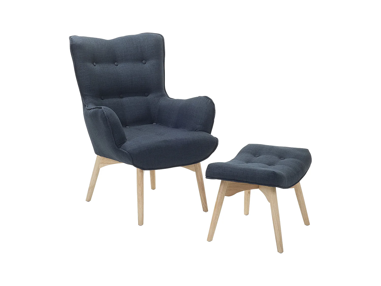 Ohrensessel mit Hocker Stoffbezug dunkles Blau Holzbeine Chesterfield Stil Vejle