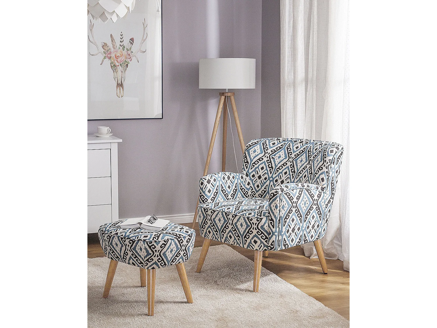 Sessel mit Hocker Polsterbezug orientalisches Motiv blau/schwarz/weiß Tumba