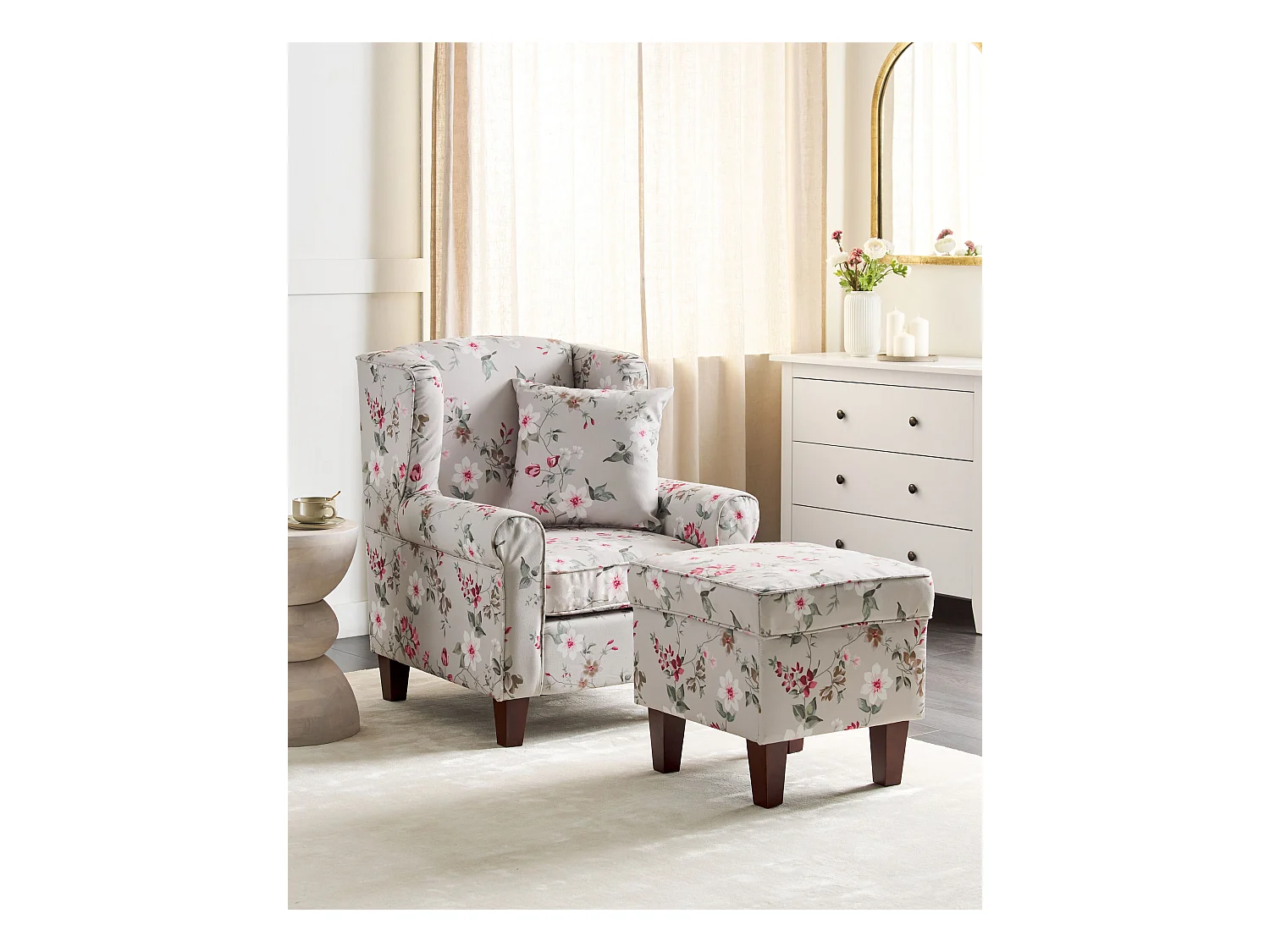 Oorfauteuil HAMAR met voetenbank Stof Crème