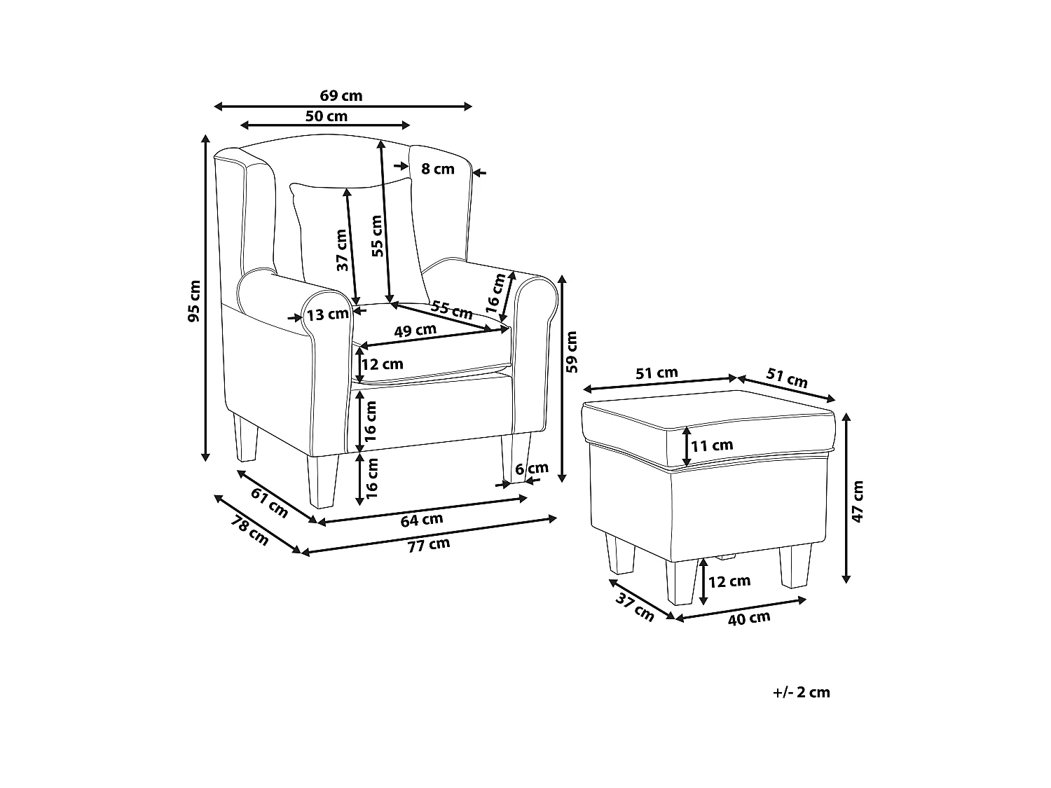 Oorfauteuil HAMAR met voetenbank Stof Crème