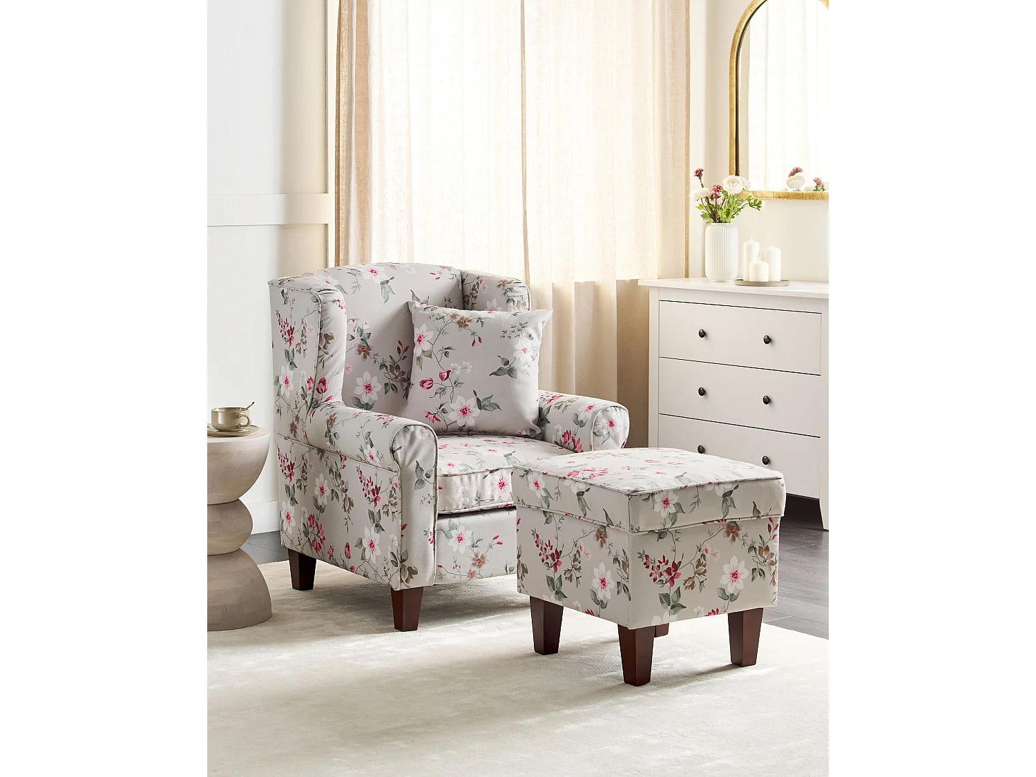 Moderner Sessel mit Fußhocker in Beige Polsterbezug mit Blumenmuster Hamar